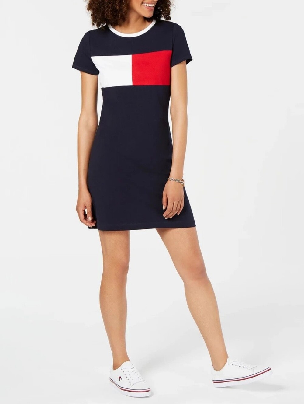 Tommy Hilfiger Women's Navy Mini Dress with Red and White Colorblock